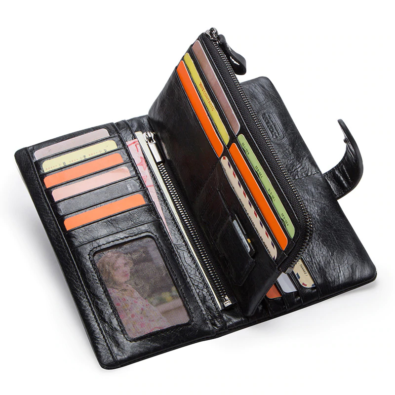 Genuine leather men’s long wallet with phone bag zipper coin purse clutch