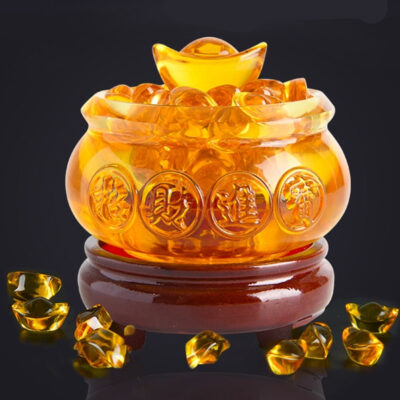 Yellow Crystal Glaze Chinese Fengshui Wealth Yuanbao Dragon Treasure Bowl