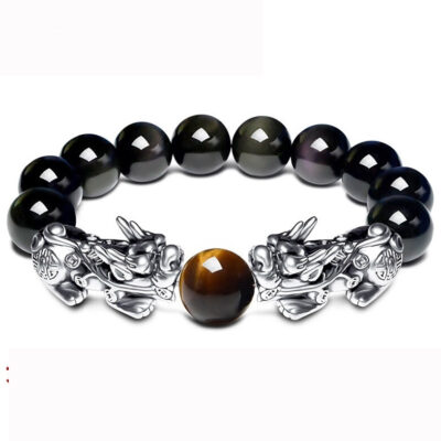 3D 999 Silver Pixiu Beads Bracelet Obsidian Tiger Eye Beaded Wealth Pixiu Bracelet Fengshui Good Luck Bracelet