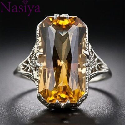 Citrine hollowed-out Carved 925 Silver Rings Exaggerated Silver Hand Jewelry For Women Gemstone Ring