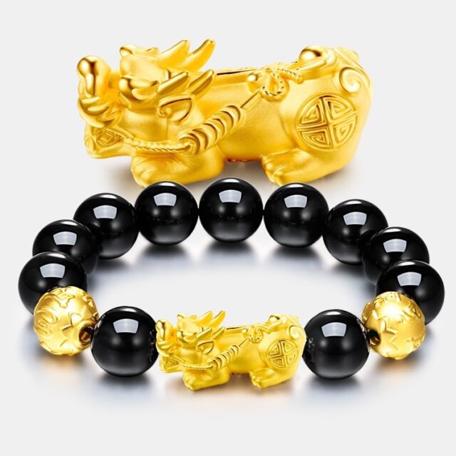 Real 24K Yellow Gold Bracelet /Man Woman 3D Lucky Pixiu Link 12mm Maxim Bead Chain