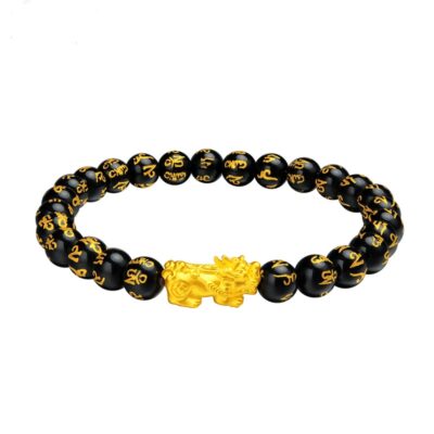 999 24K Yellow Gold Bracelet Real Gold Chain Luck Pixiu Charms and Sutra Black Agate Girl Best Gift Jewellery