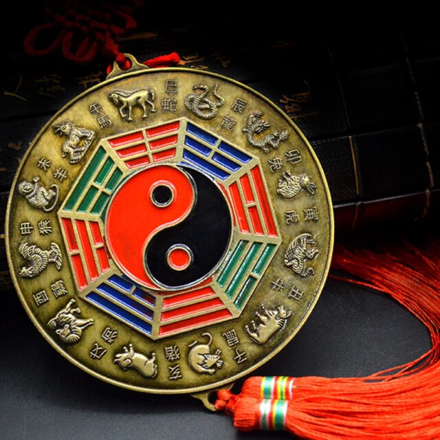 Lucky Chinese Zodiac Knot Feng Shui Tai chi Round Bagua Mirror Four Beasts Taoist Talisman Energy Home Decoration Ornament