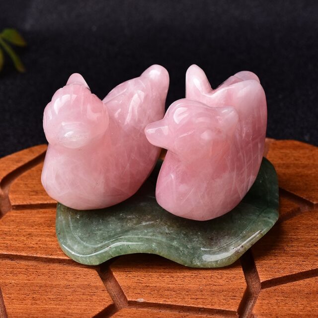 1 Set Rose Quartz Mandarin Duck Natural Crystal Stone Carved Lover Symbolize Figurine Lotus leaf decorative Home Decor Ornaments