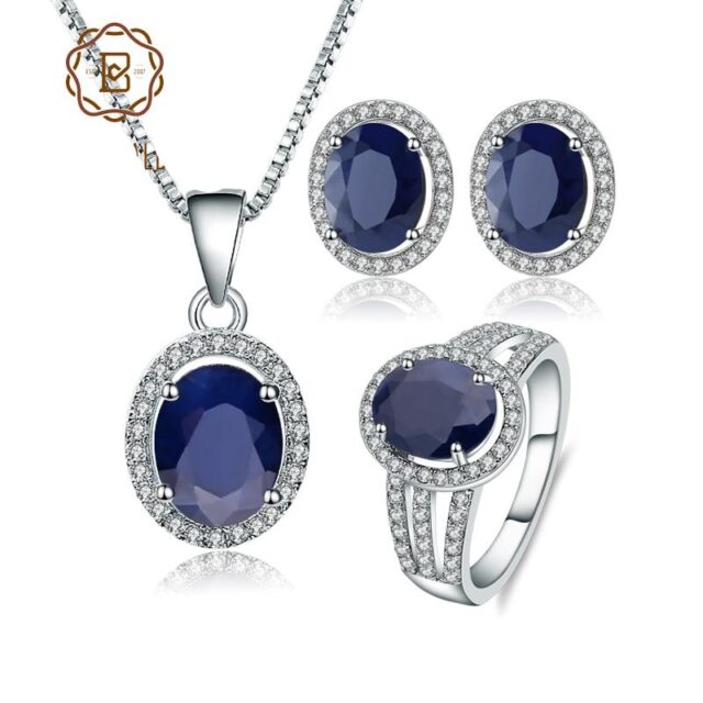 Classic Natural Blue Sapphire Gemstone Jewelry Set 925 Sterling Silver Pendant Earrings Ring 8.08Ct